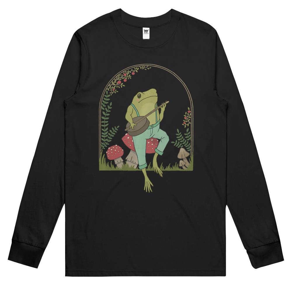 Cottagecore Aesthetic Frog Playing Banjo On Mushroom Cute Long Sleeve T Shirts