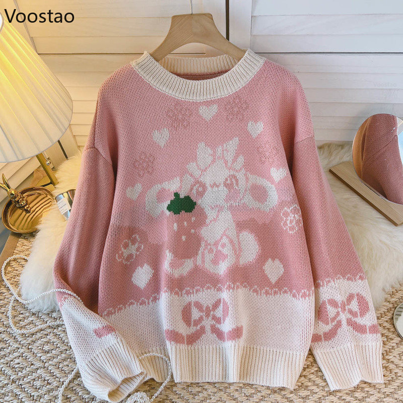 Sweet Lolita Strawberry Rabbit Knitted Pullovers Women Harajuku Cute Cartoon Bunny Loose JK Sweater Girly Casual Knitwear Tops alx