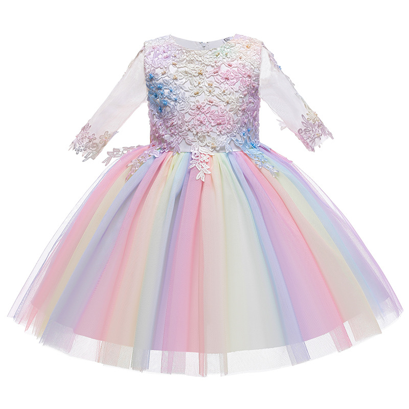 Bow Summer Princess Dress Unicorn Birthday Party Lace Rainbow Yarn Mid-Sleeve Knee-Length Dress 3-14 Year Cinderella Ball Gown alx