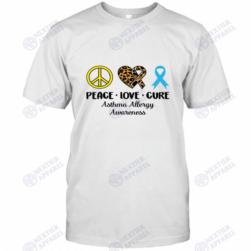 Asthma Allergy Awareness Peace Love Leopard Heart Ribbon T-shirt