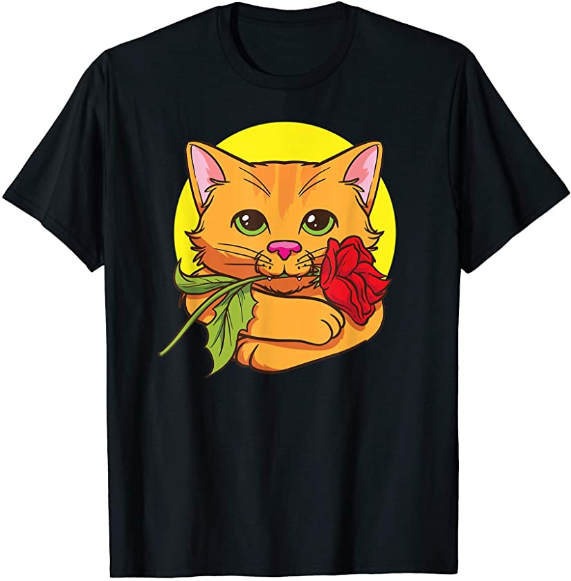 Romantic cat kitten holding a freshly cut rose i her mouth T-Shirt