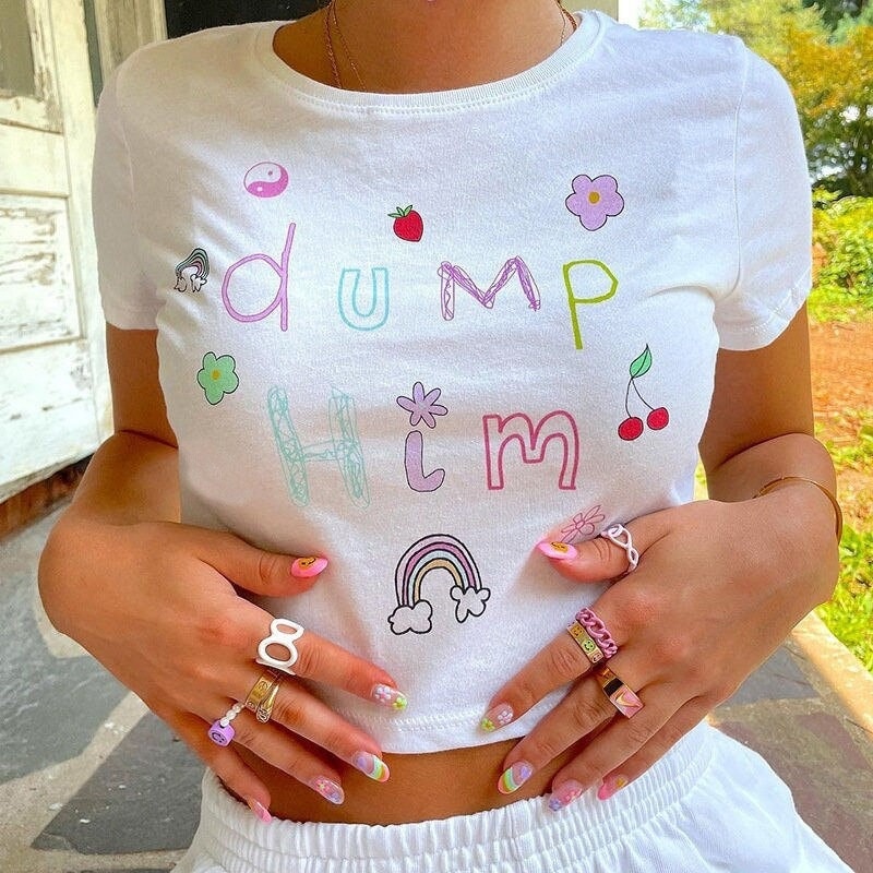 Dump Him Slogan Crop T-shirt, 90s Aesthetic Streetwear, Funny Slogan Crop Tee, Trending Summer Fashion, y2k 90s Clothing, Kids Drawing Tee