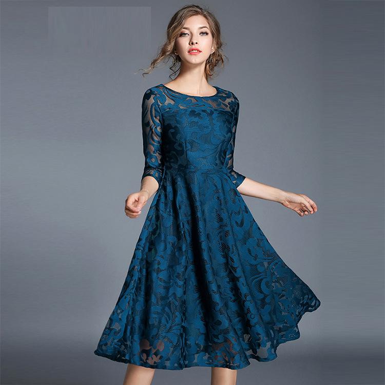 A GIRLS Women Spring Autumn Fashion Floral Lace Dress O Neck Sleeve Plus Size 5xl Slim Black Elegant Evening Party Dresses alx