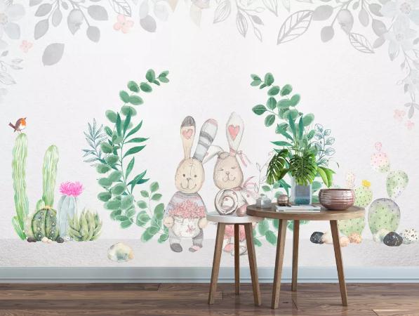 3D Cartoon Animal Leaves Wall Mural Wallpaper 221