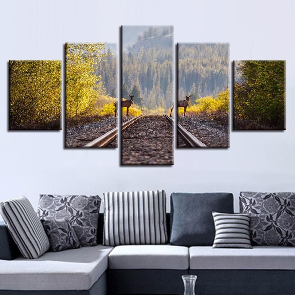 Train Tracks And Animal Deer Scenery Animal 5 Panel Canvas Art Wall Decor