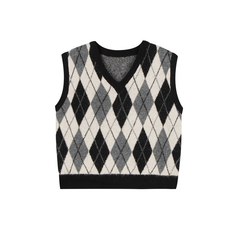 Classic Argyle Sweater Vest Women Preppy Vintage Sleeveless Knitwear Waistcoats V-neck Students Casual All-match Loose Sweaters alx