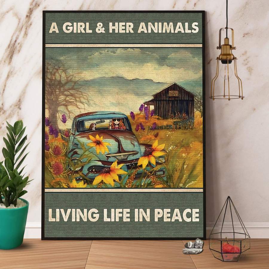 A girl & her animals living life in peace sunflowers dog vertical paper poster no frame/ wrapped canvas wall decor full size