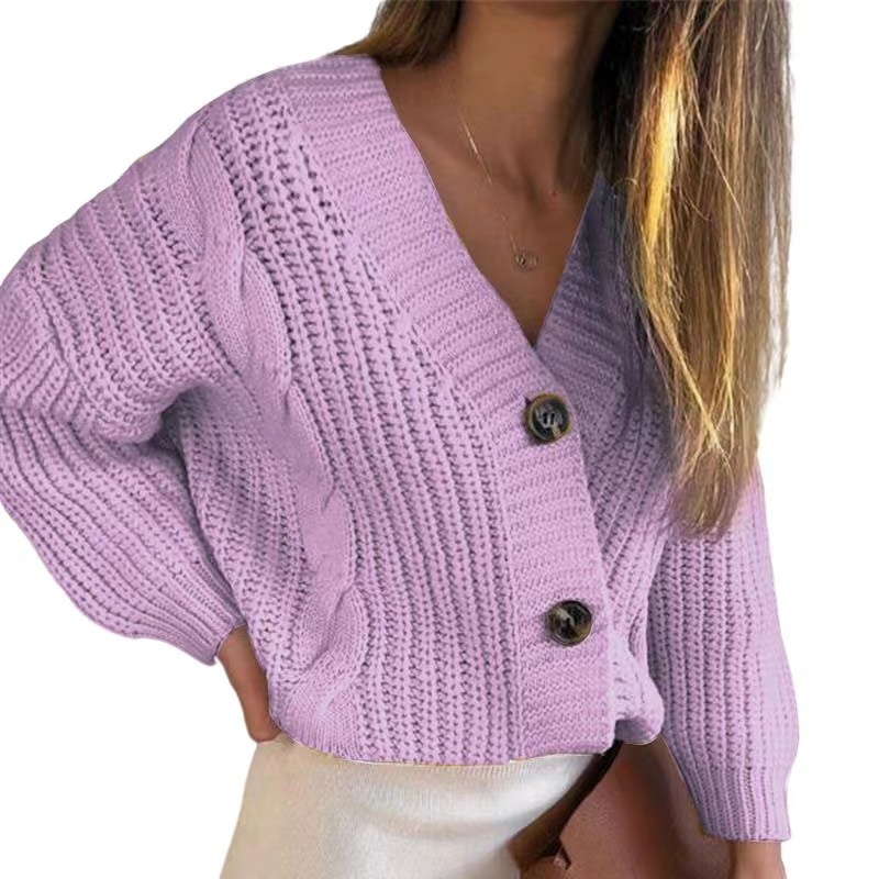 Women’s cardigan button V-neck loose autumn winter rope fashion knit sweater alx