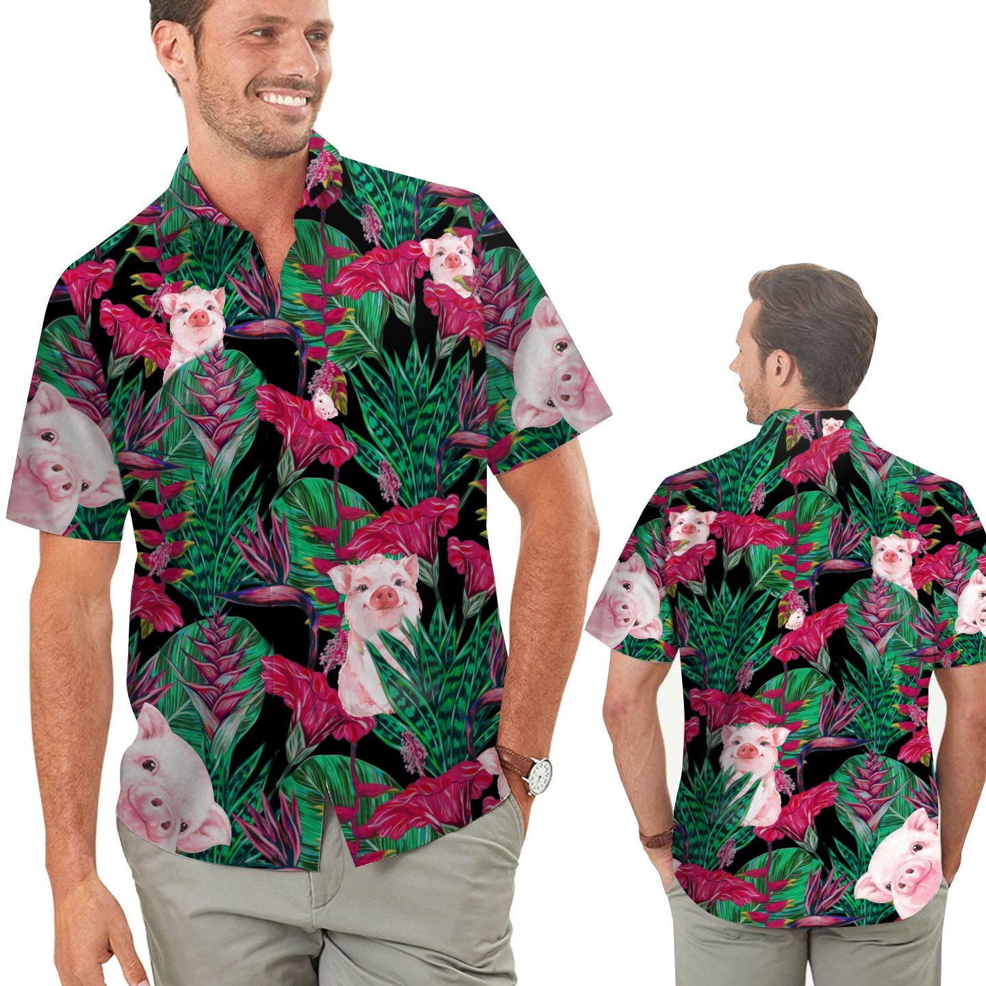 Lovely Pig Tropical Floral Men Hawaii Summer Beach Shirts For Lovers Ha19389