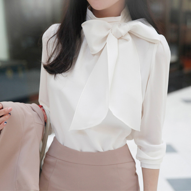 Work Style OL Elegant Puff Sleeve Blouse Korean Chic Loose Bow Chiffon Shirts Women Solid All-match Spring Blusas Mujer Moda alx