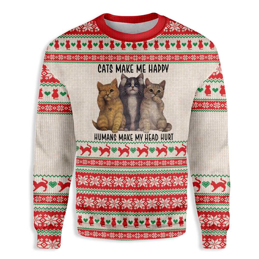 Cats Make Me Happy Ugly Christmas Sweater | For Men & Women | Adult | Us1190