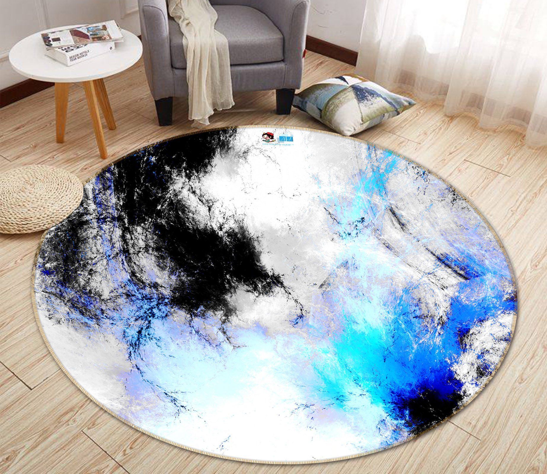 3D Black And Blue Pattern 36 Round Rug – Round Carpet Home Decor