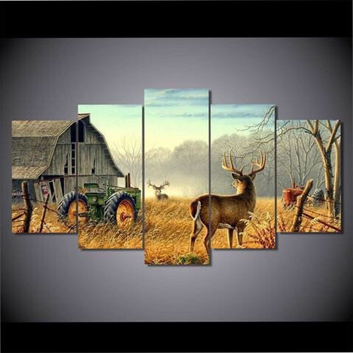 Whitetail Buck And Monster Buck Whitetail Deer Animal 5 Panel Canvas Art Wall Decor-Cv