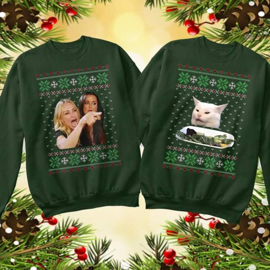 Ugly Sweater Cat at table meme, women yelling at a cat meme shirt, cat meme shirt, Holiday Shirts, best friend gift, gift for him, valentine gift for her, valentine couple sweater