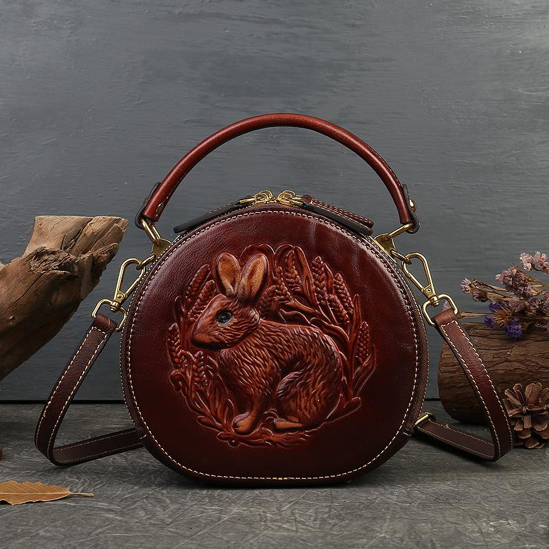 Johnature 2022 New Rabbit Embossed Handbag Genuine Leather Retro Women Bag Versatile Real Cowhide Handmade Shoulder Bags alx