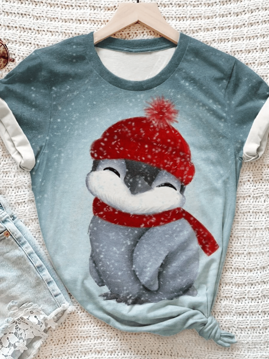 Cute Christmas Baby Penguin Print Short Sleeve T-Shirt