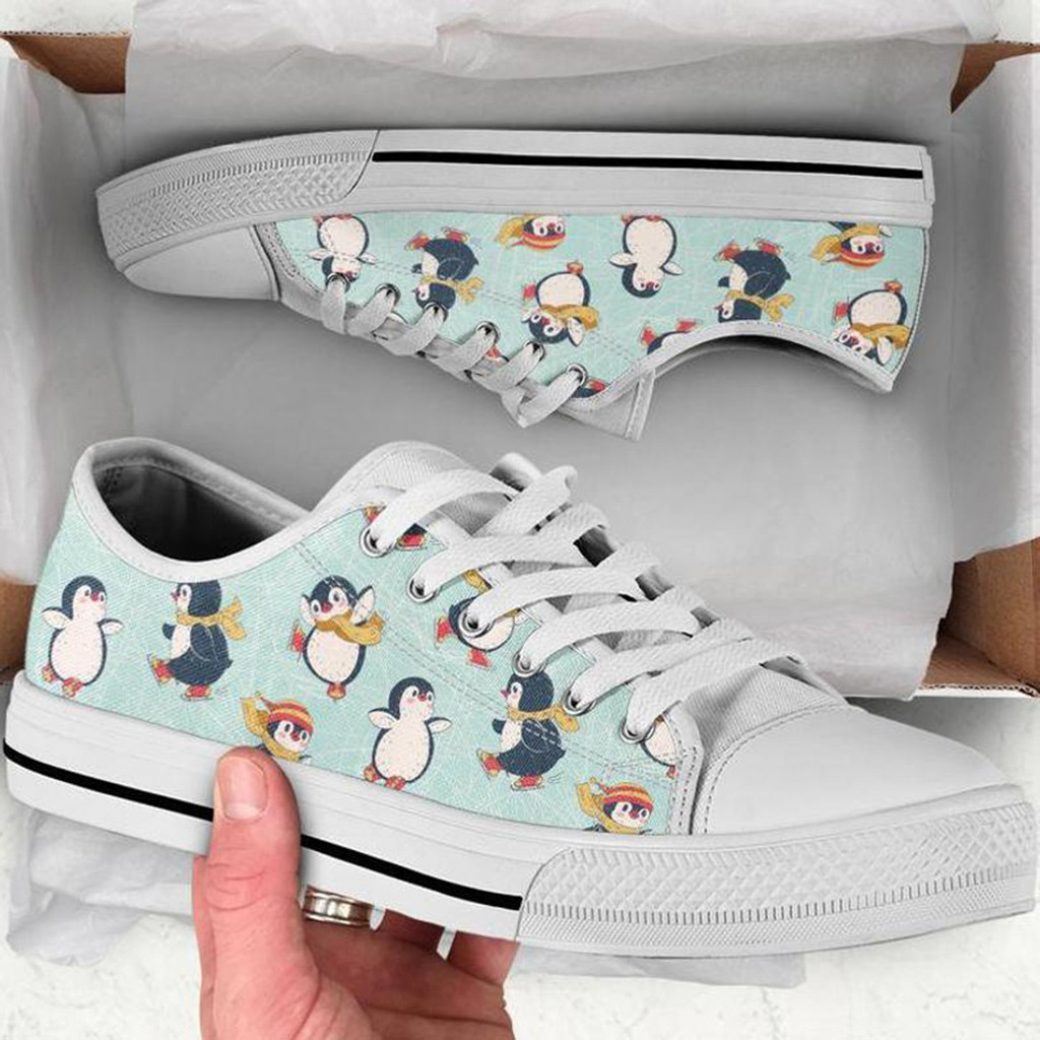 Penguins Flat Low Top Personalized Shoes Custom Name, Text For Women, Men