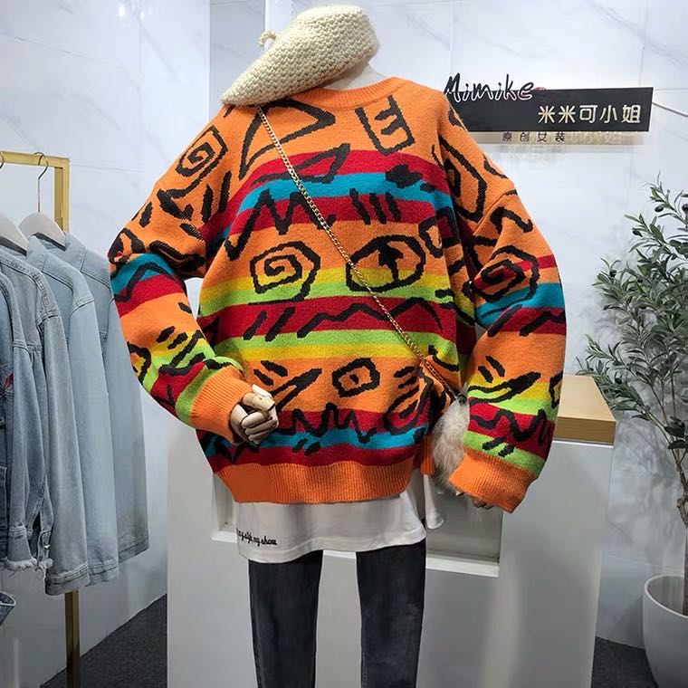 Chic Retro Crazy Style Loose Pull Femme Graffiti Lover Rainbow Striped Knit Sweater O Neck Long Sleeve Patch Pulllover alx