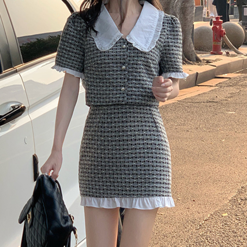 Small Fragrance 2 Piece Suits 2021 New Summer Korean Fashion Vintage Two Piece Set Women Crop Top Short Shirt + Mini Skirt Sets alx