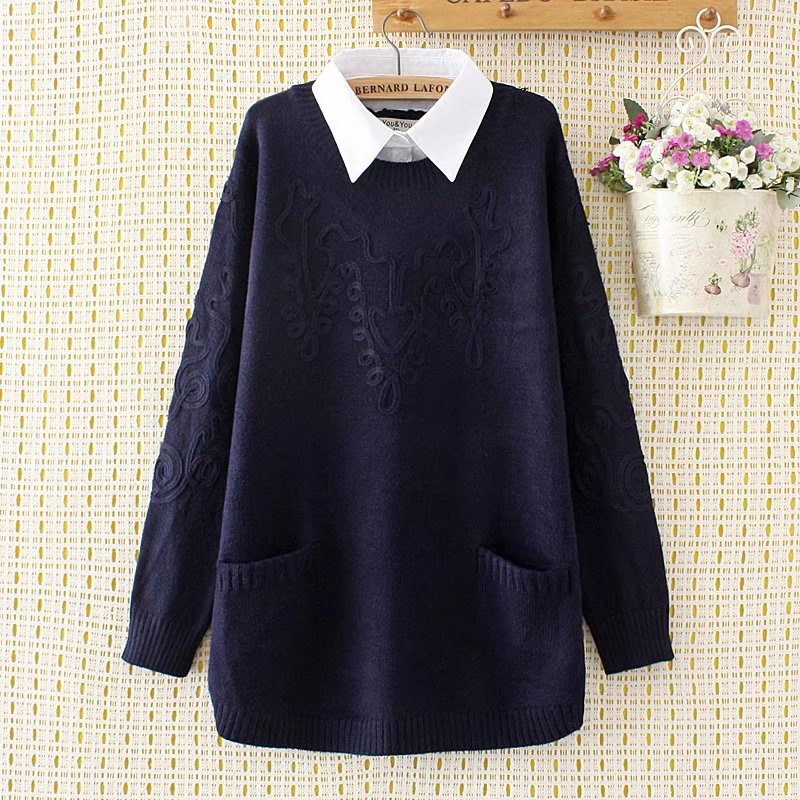 Autumn Winter Women Sweater Pullover New Fashion Shirt Collar Fake Two-piece Knitted Sweater Plus size 4XL Female Jumper Tops alx