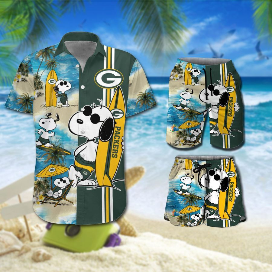 Green Bay Packers Snoopy Surfing On The Beach All Over Print 3D Combo Hawaiian Shirt & Beach Shorts-Tph