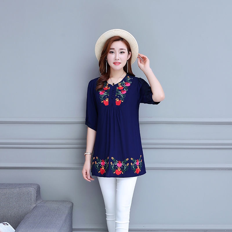 Women Floral Embroidered Mexican Blouse Tops Summer Hippie Boho Cotton Ethnic Blusas Femme Vintage Blouses Plus Size 2021 alx