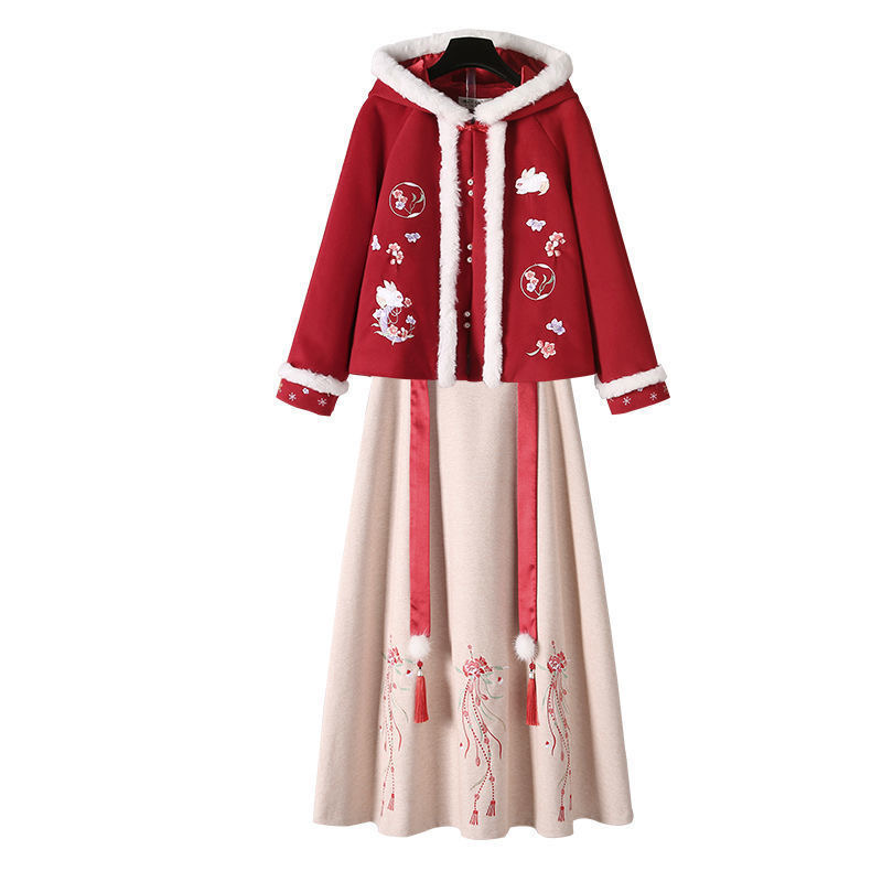 Women’s Slim Red Coat Chinese Style Plus Size Exquisitely Embroidered Jacket Winter and Autumn Hanfu Top Short Skirt Set alx