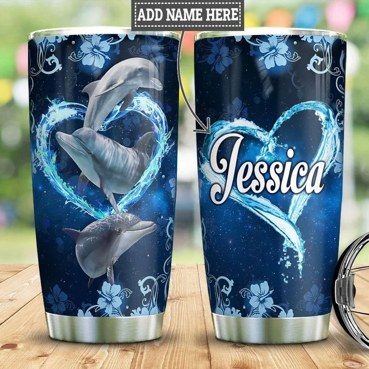 Dolphin Heart Tumbler Cup With Lid, Double Wall Vacuum Thermos Insulated Travel Coffee Mug