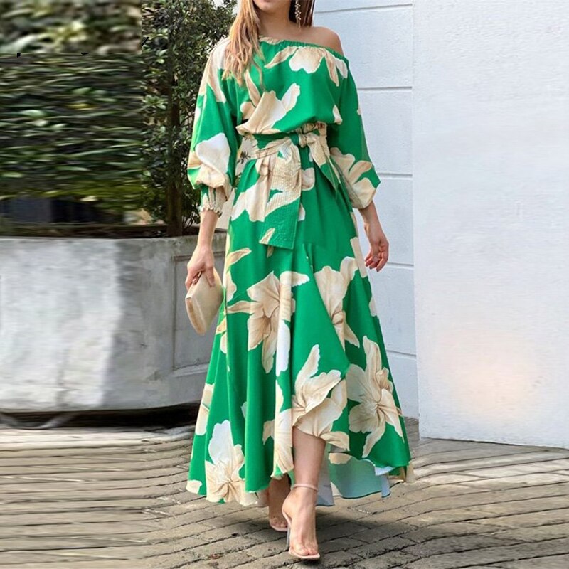 2022 Elegant Dresses For Women Fashion Off Shoulder Flower Print A-line Party Dress Women Lace Up Long Sleeve Maxi Boho Dress alx