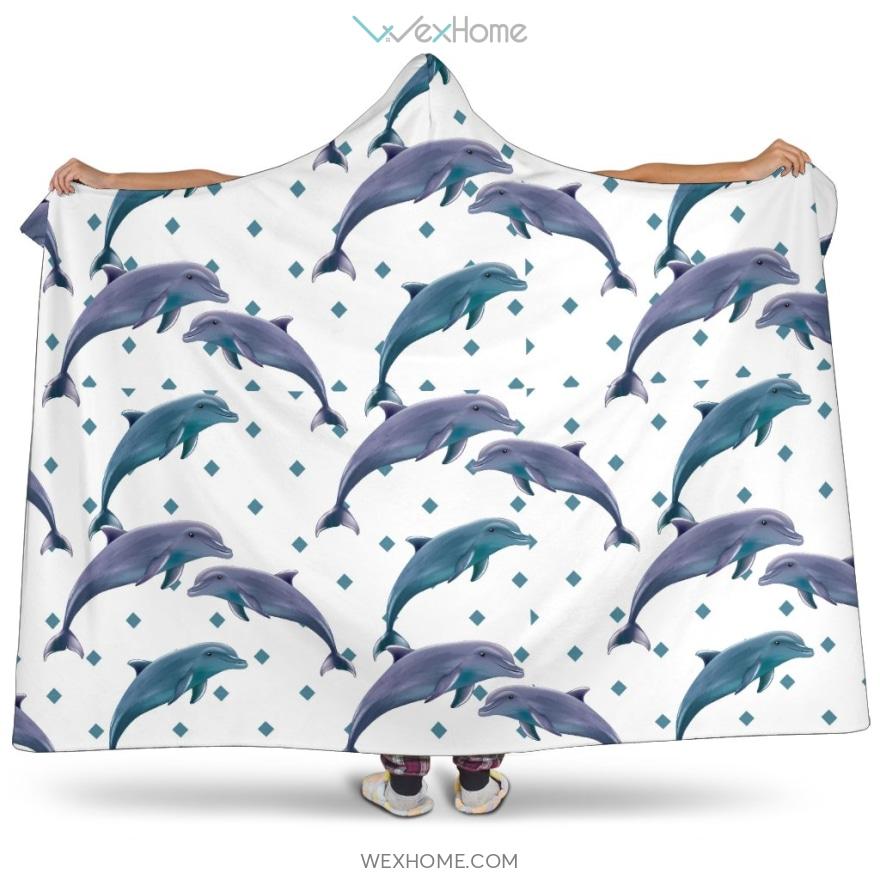 Dolphins Pattern Dotted Background Hooded Blanket