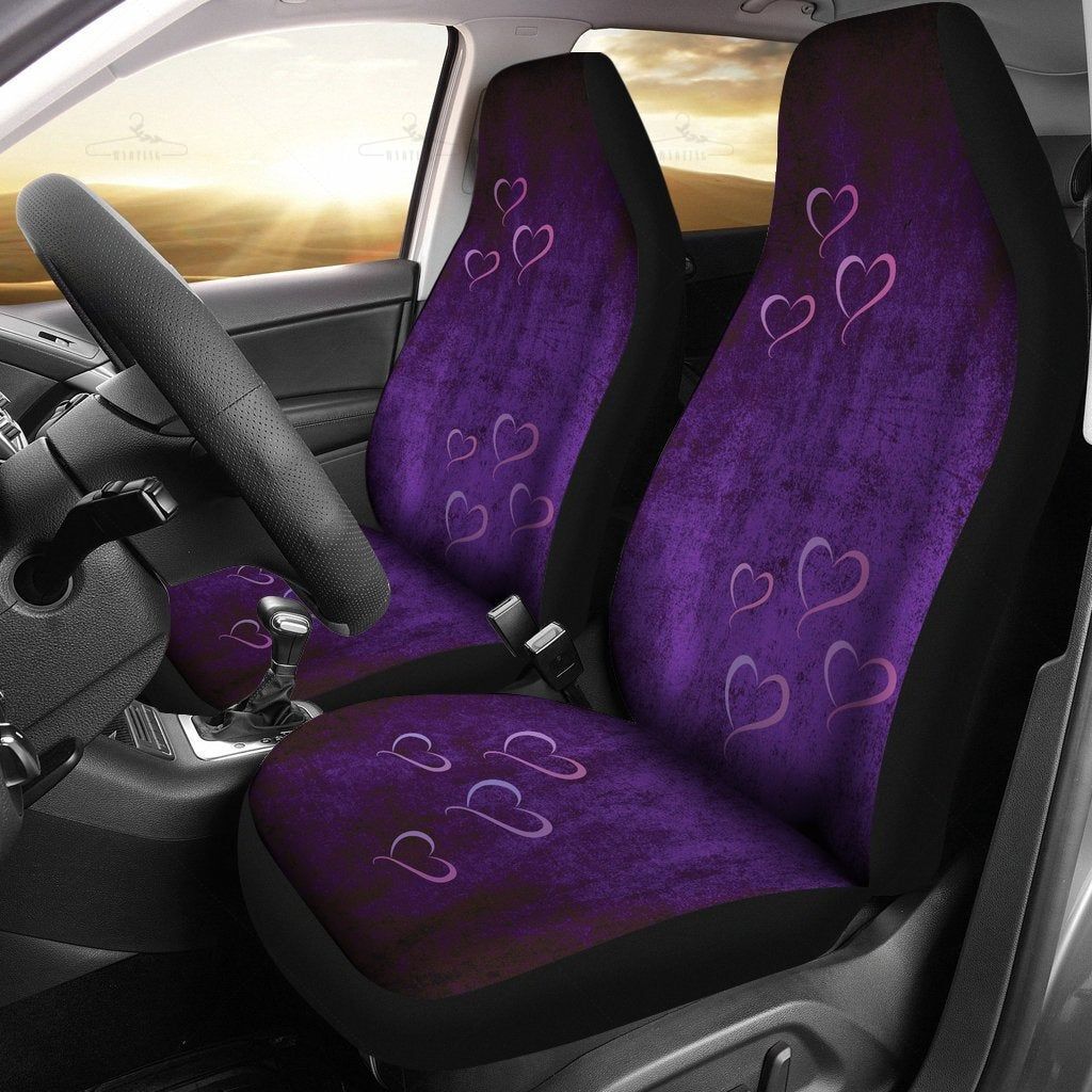 Purple Hearts Grunge Car Seat Covers Pair, 2 Front Seat Covers, Seat Cover For Car, Car Seat Protector, Car Accessory
