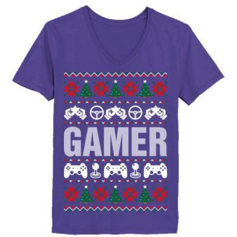 AGR Gamer Ugly Christmas Sweater – Ladies’ V-Neck T-Shirt