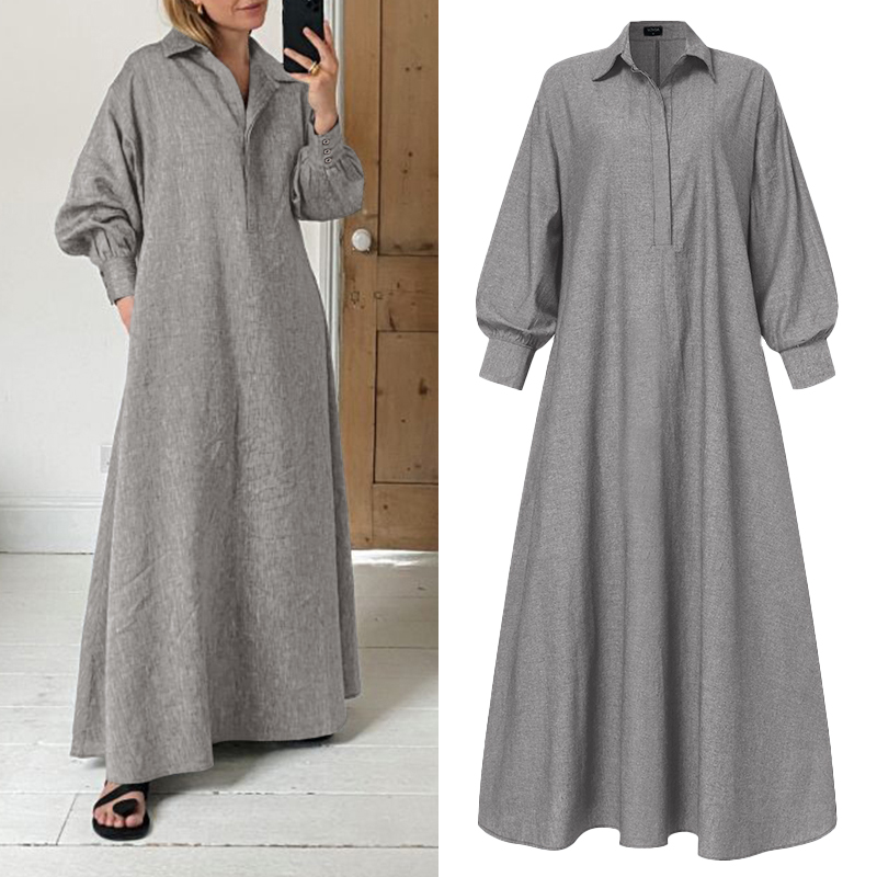 Winter Dress For Women’Solid Sundress Vintage Lapel Pleated Kaftan Dress Long Robe Femme VONDA Casual Long Vestidos Femininas alx