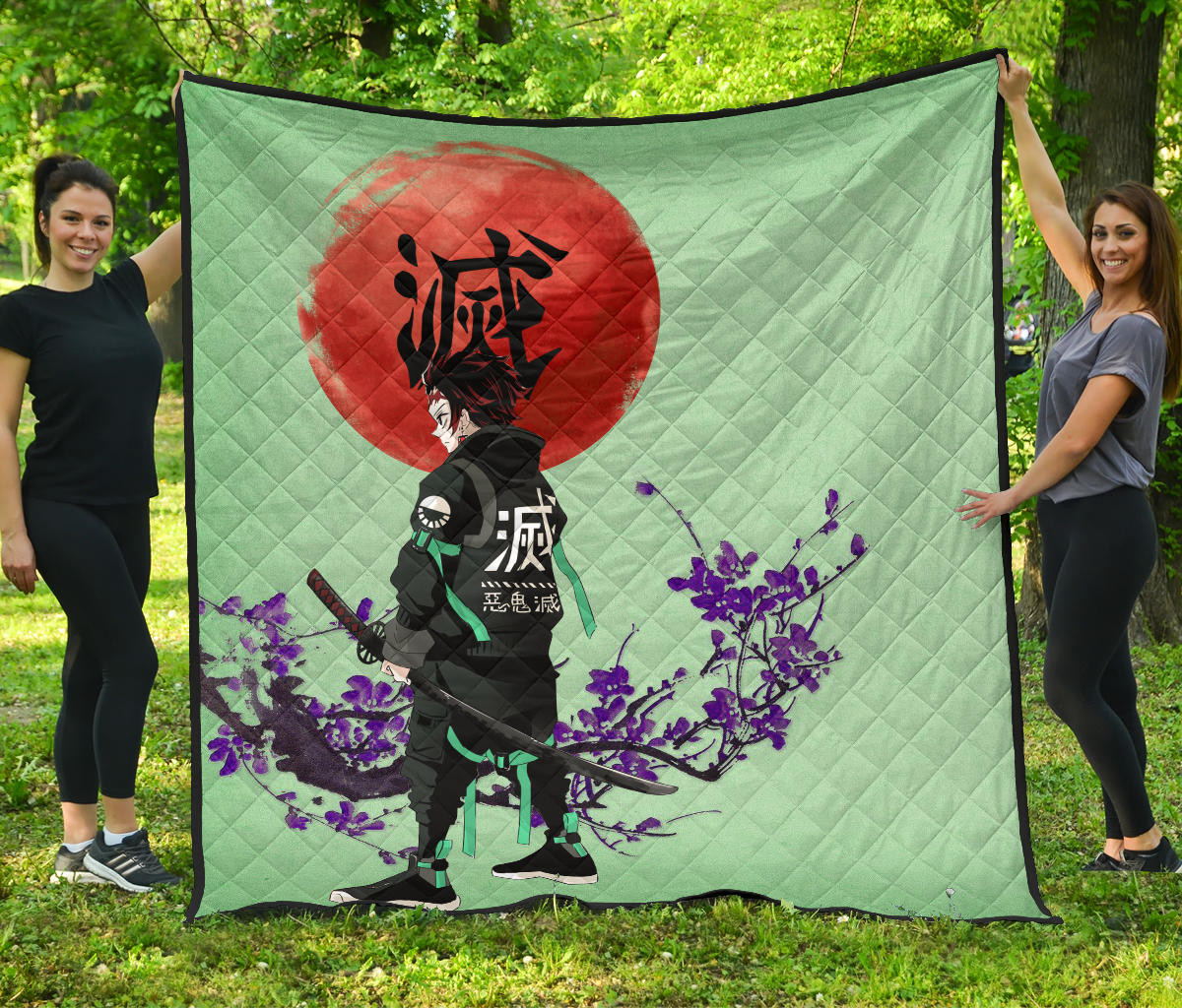 Demon Slayer Anime Tanjiro Wearing Modern Clothes Green Theme Premium Quilt Blanket