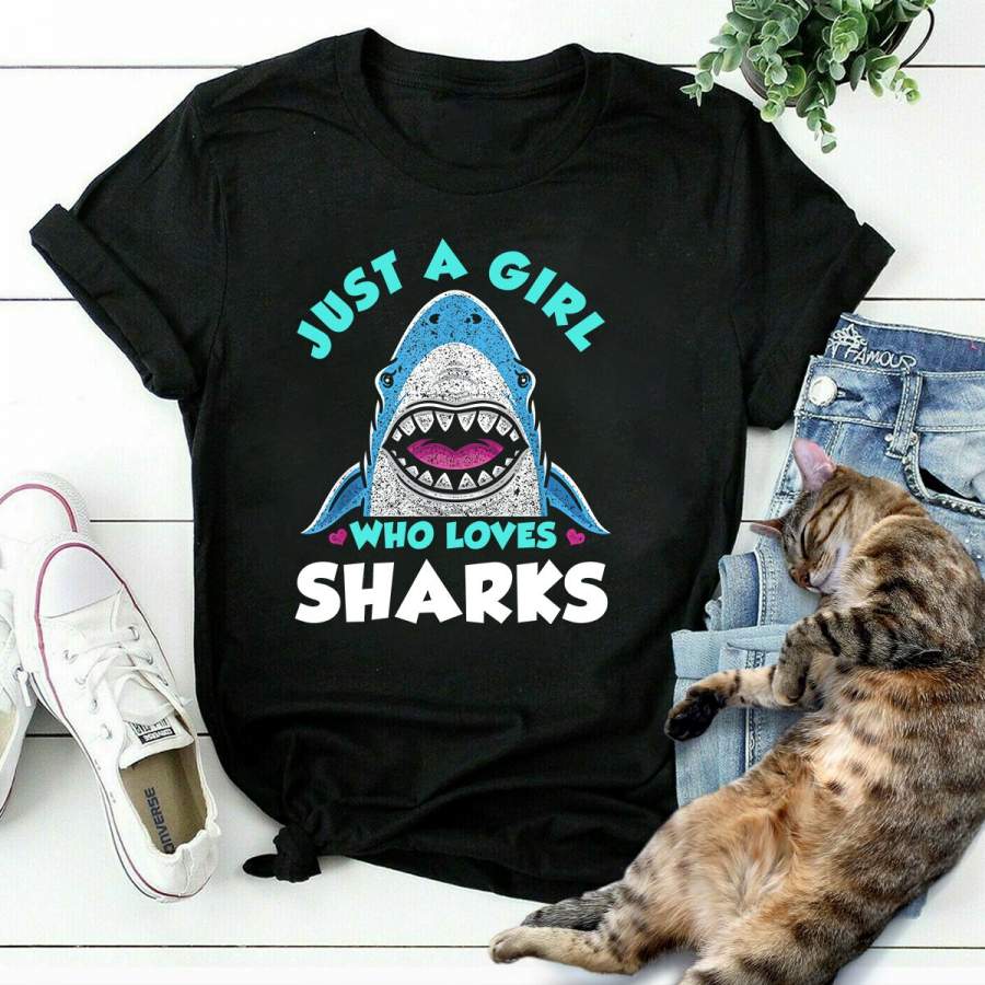 Shark just a girl who loves sharks black cotton t shirt for men and women S-6XL