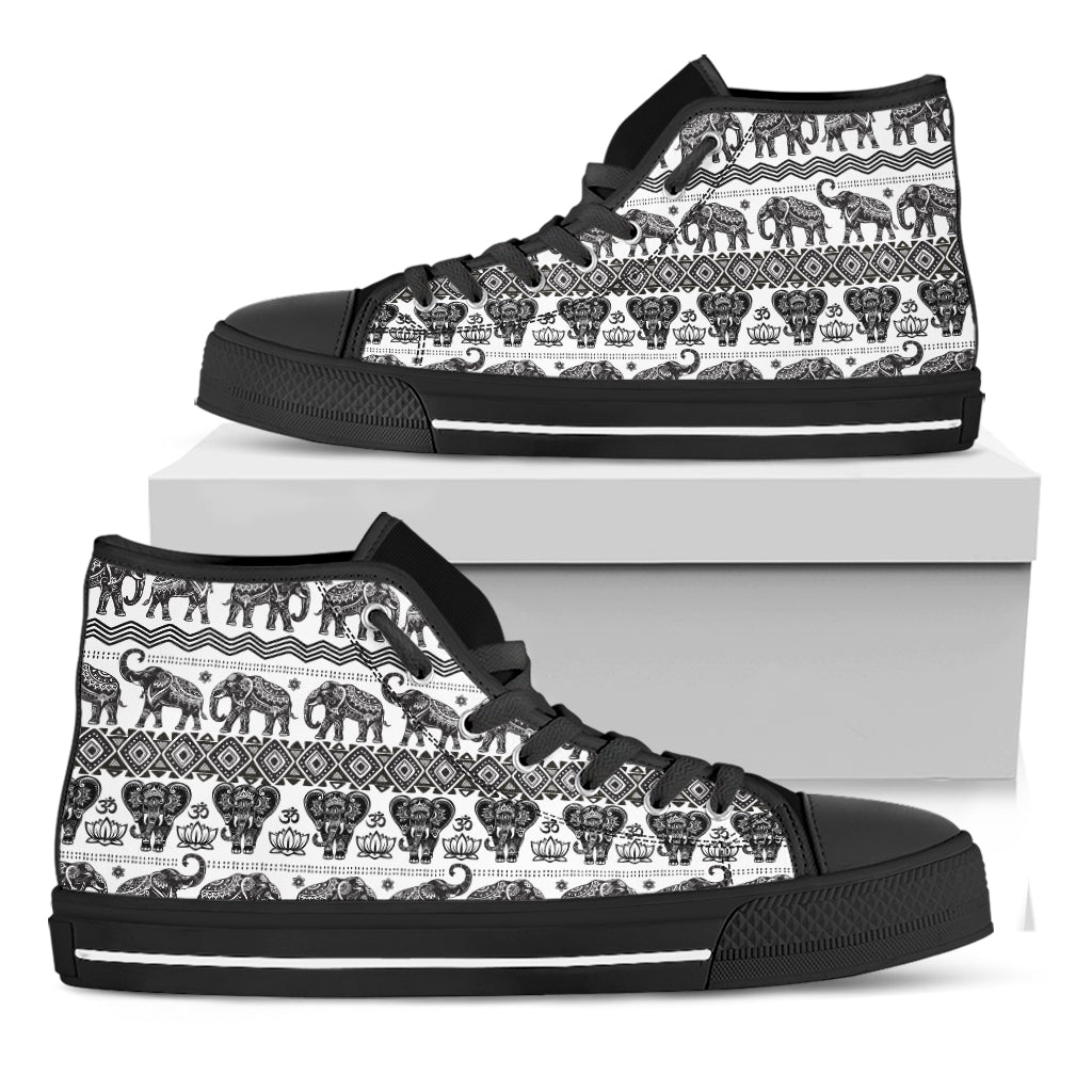 White And Black Indian Elephant Print Black High Top Shoes