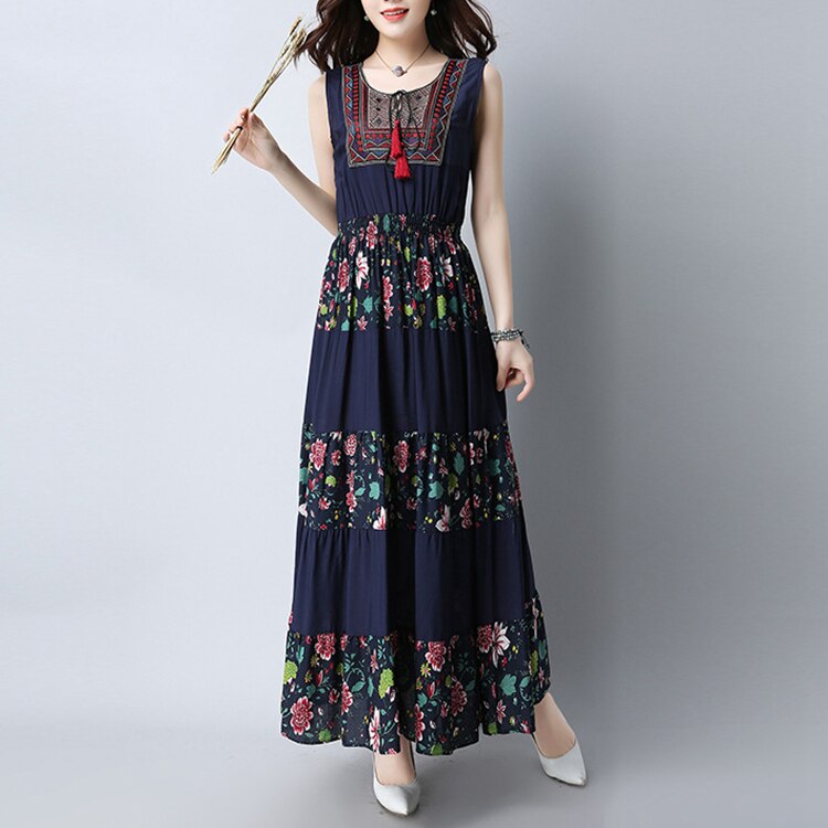 Nevettle Vintage Pattern Embroidery Sleeveless Long dress Women Cotton Linen O neck Tunic Tank top Dresses alx