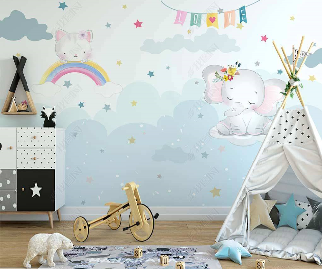 3D Cartoon Cloud Rainbow Elephant Wall Mural Wallpaper Lqh 22