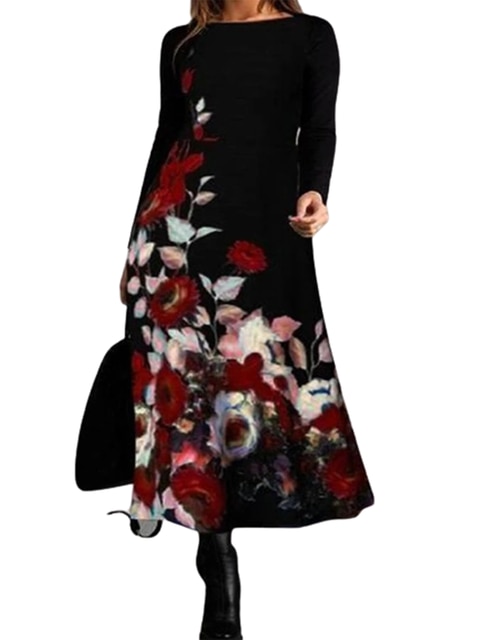 Spring Autumn Long Sleeve Maxi Floral Dress For Fashion Women Dresses Casual O-Neck Black A-line Dress 5XL Ladies Robe Vestidos alx