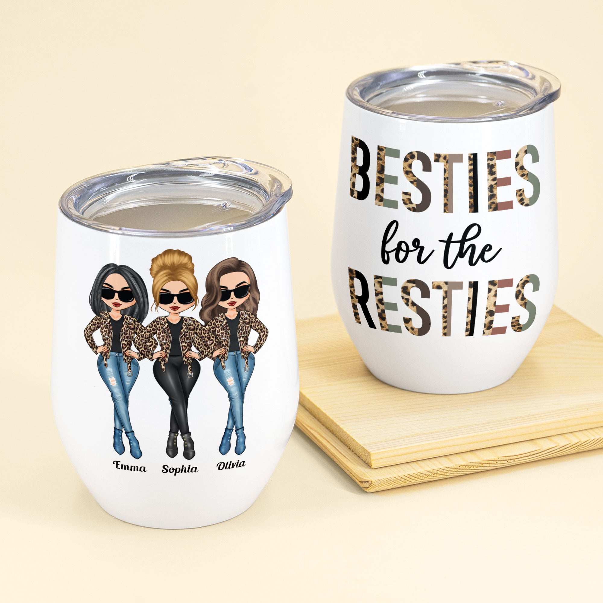 Besties For The Resties Leopard Design – Personalized Wine Tumbler – Birthday Gift Funny Gift For Girls, Besties, Bff, Travel Lovers