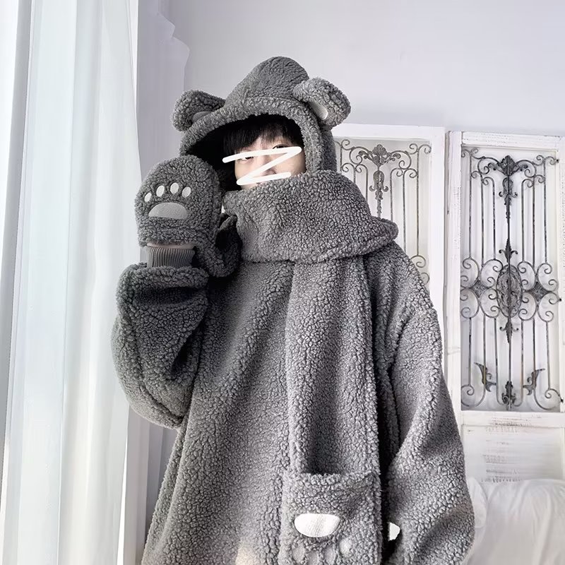 V-hanver little bear Pattern furry Hoodie 2022 Winter Warm Plush sweet Pullovers Woman Vintage korean Style loose Sweatshirt alx