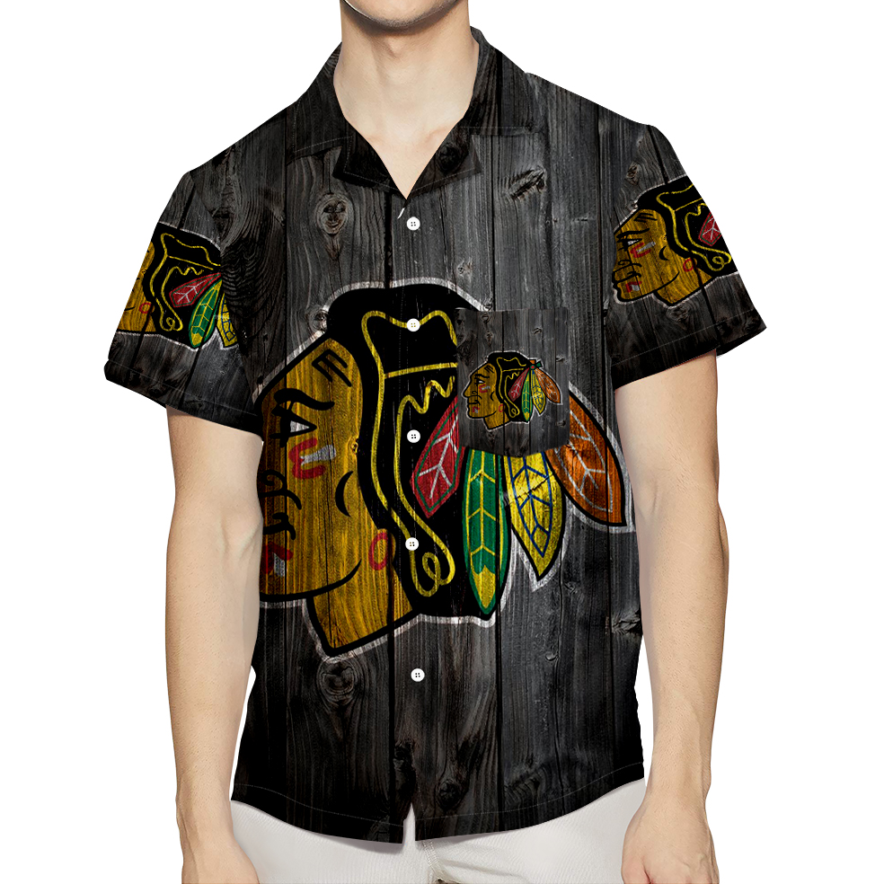 Chicago Blackhawks Emblem Wood 3D All Over Print Summer Beach Hawaiian Shirt With Pocket