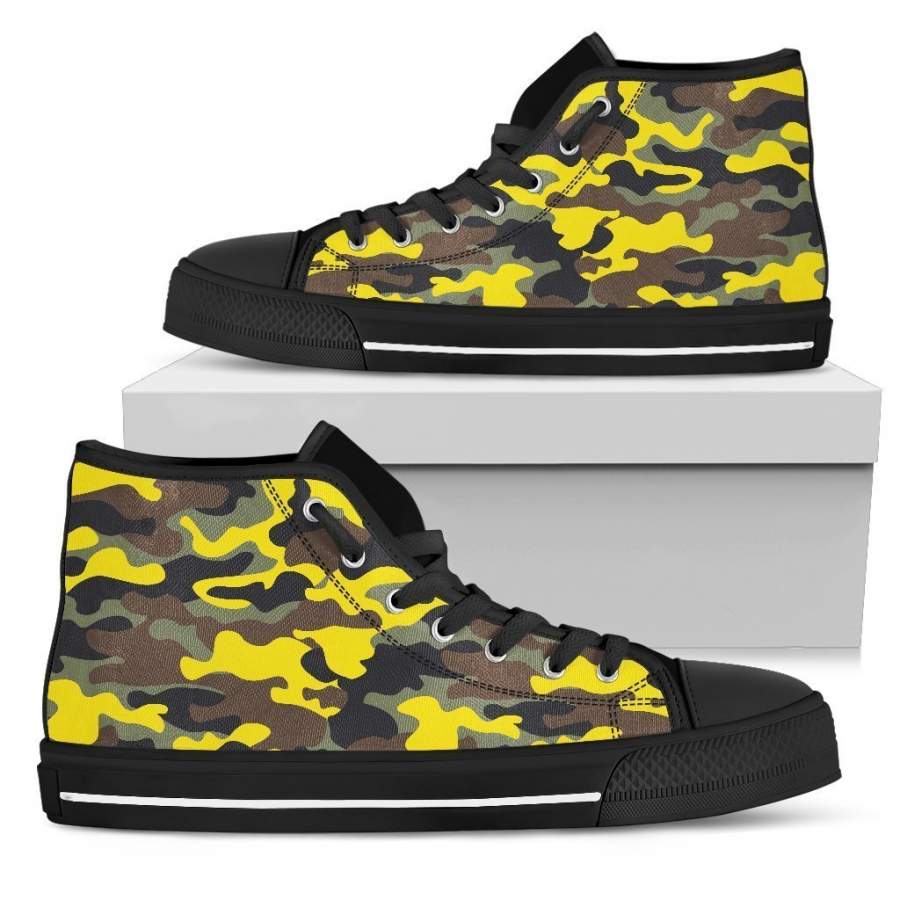 Yellow Brown And Black Camouflage Print Men’s High Top Shoes