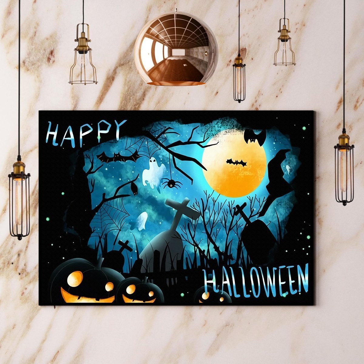 Happy Halloween Forest Spider Ghost Halloween Gift Paper Poster No Frame Matte Canvas, Wall Decor Visual Art Wall Decor