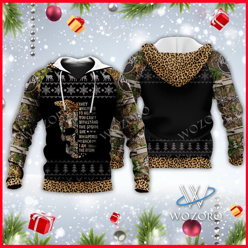 Wozoro 3D Knitting Pattern Fullprint Ugly Christmas Sweatshirt Deer Hunting Skull They Whispered I Am The Storm Hoodie, Zip Hoodie, Sweater, Tee