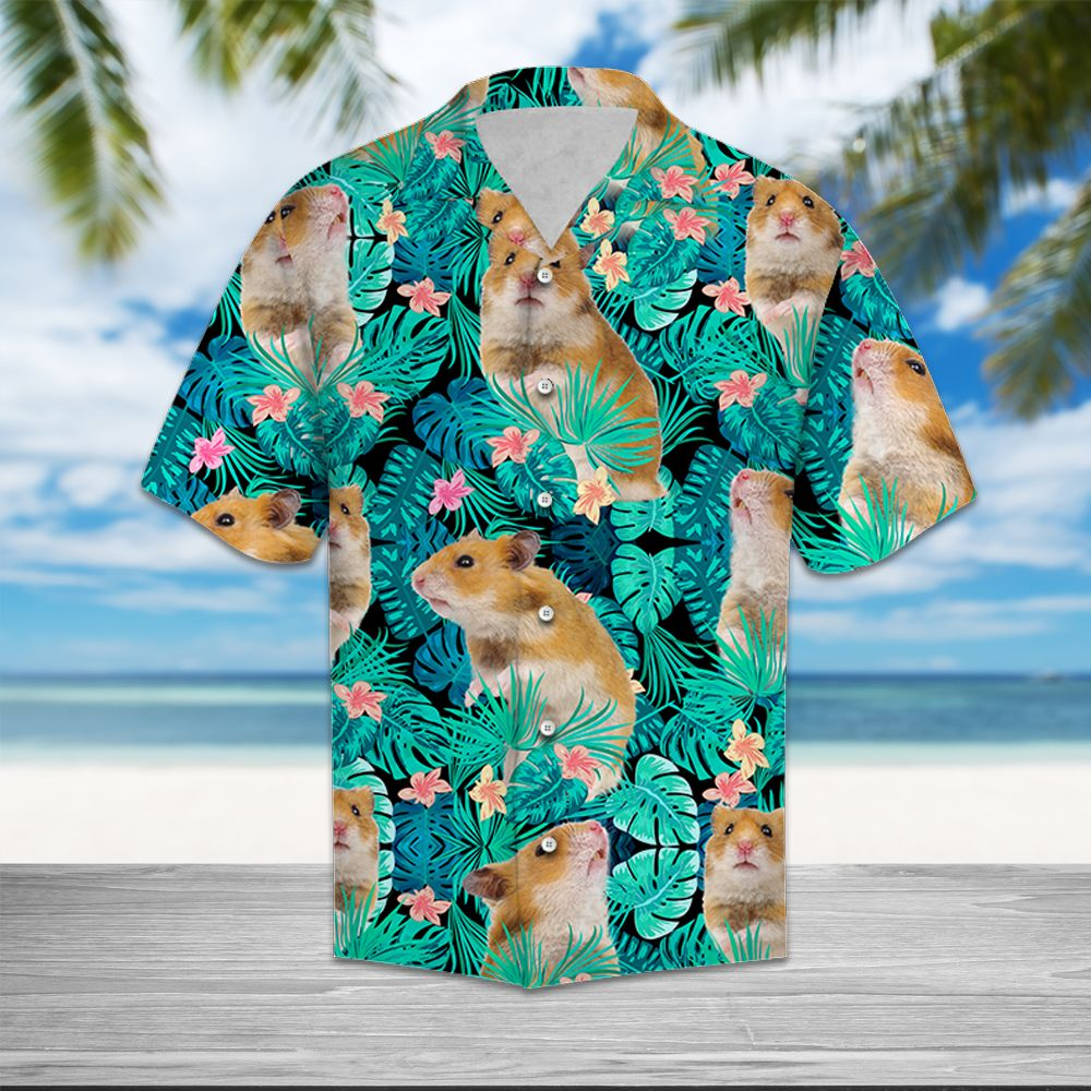 Hamster Tropical Hawaii Unisex Print Aloha Short Sleeve Casual Shirt Ha59628