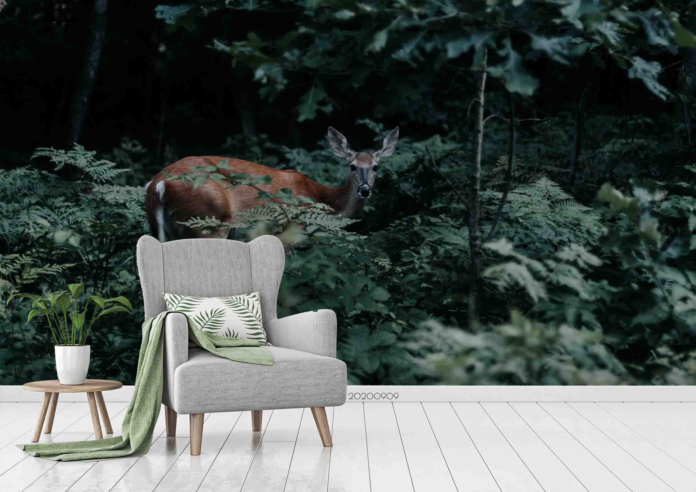 3D Green Forest Tree Plant Deer Animal Wall Mural Wallpaper Lxl