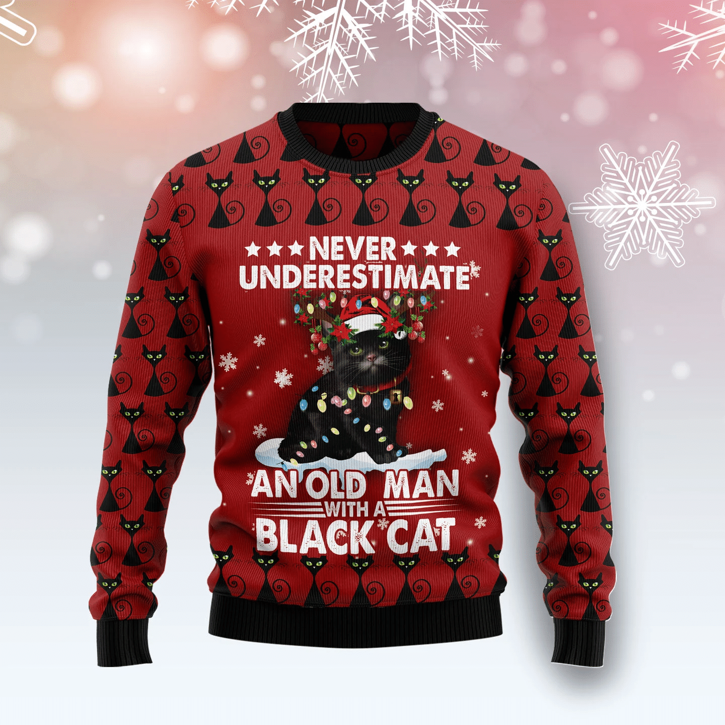 Black Cat Old Man Ugly Christmas Sweater