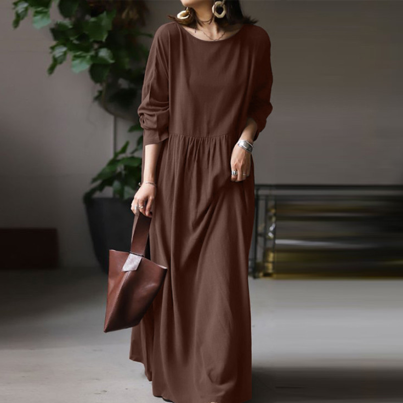 Women’s Solid Color Cotton and Linen Dress Ladies Simple and Loose Temperament Commuter Round Neck Long Sleeve and Ankle Skirt alx