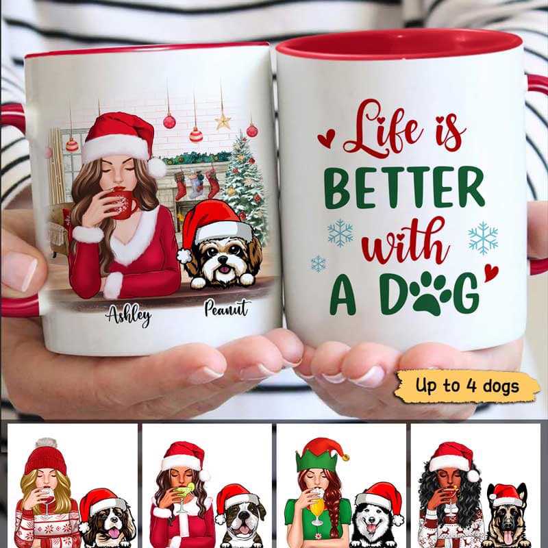 Beautiful Dog Mom With Peeking Dogs Christmas Personalized Mug